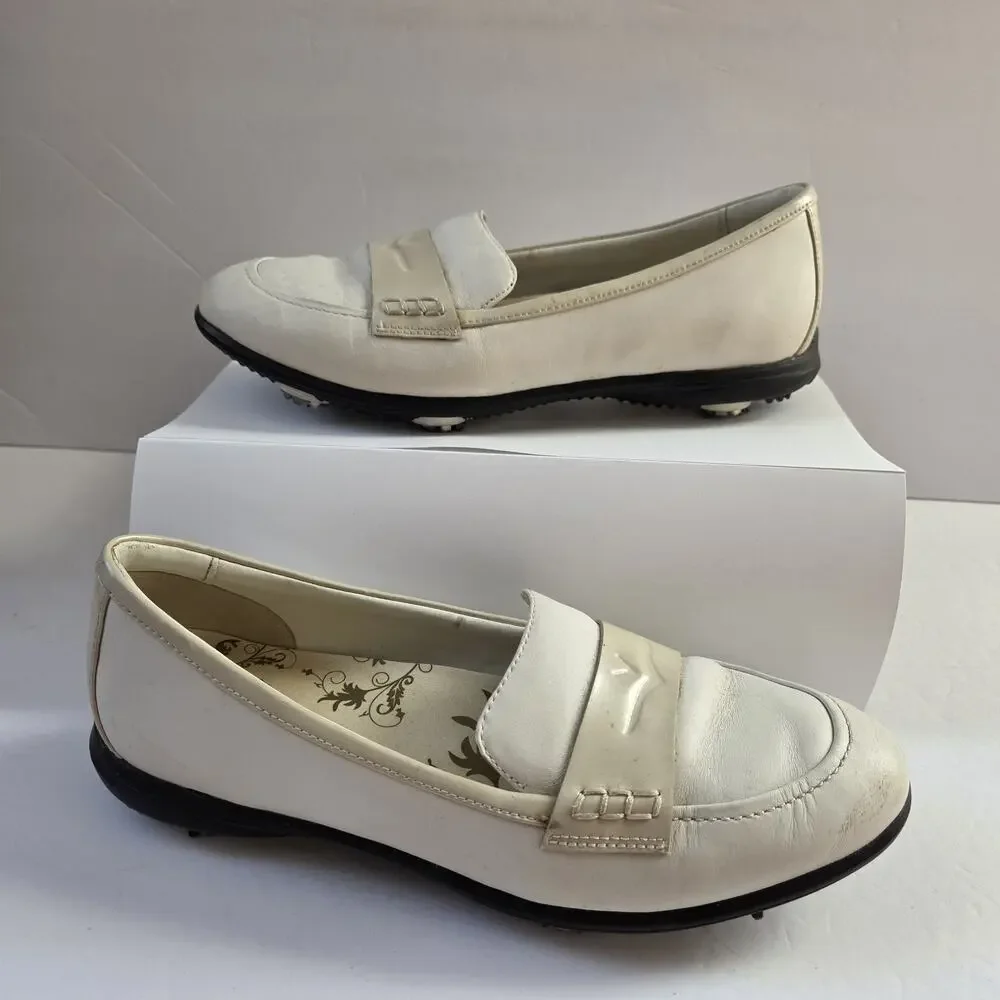 Callaway Couture Women’s Moc Shoes Loafers Ivory with Tan Trim Spiked Sole 8